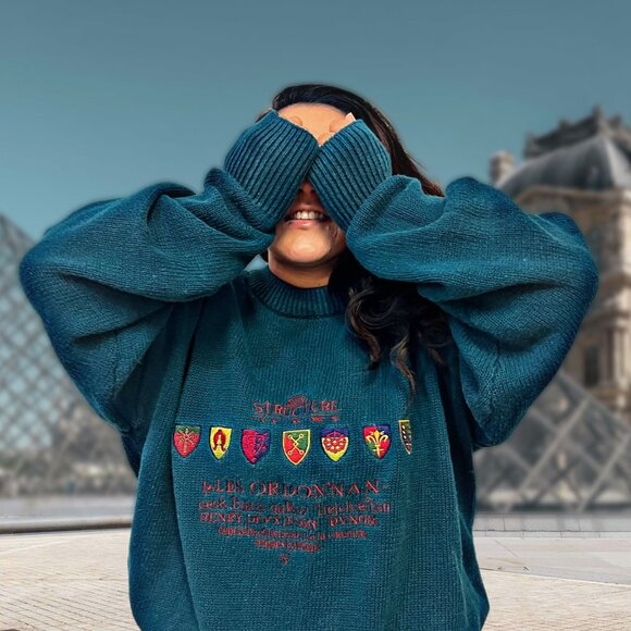 Structure Vintage Knitted Grandpa Sweater Embroidered Mock Neck Pullover Unisex - Picture 1 of 12